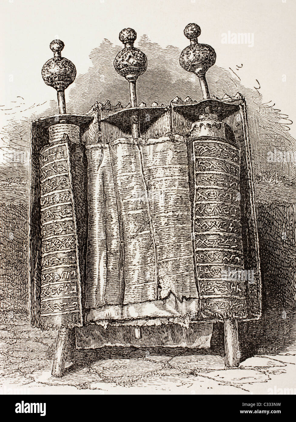 Darstellung der alten Kopie der Samariter Thora oder Samaritan Pentateuch. Stockfoto