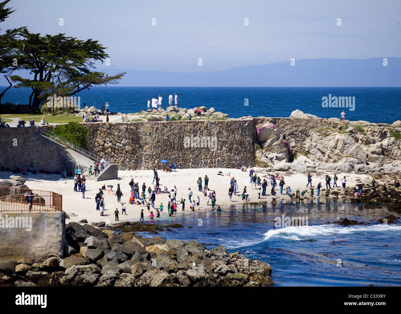 Strandurlauber an einem kleinen abgeschlossenen Strand - Monterey, Kalifornien, USA Stockfoto