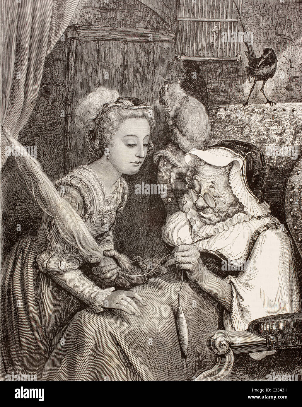 Szene aus Dornröschen von Charles Perrault. Die Prinzessin findet eine alte Frau Spinnen, ohne zu wissen, dass sie die böse Fee ist Stockfoto