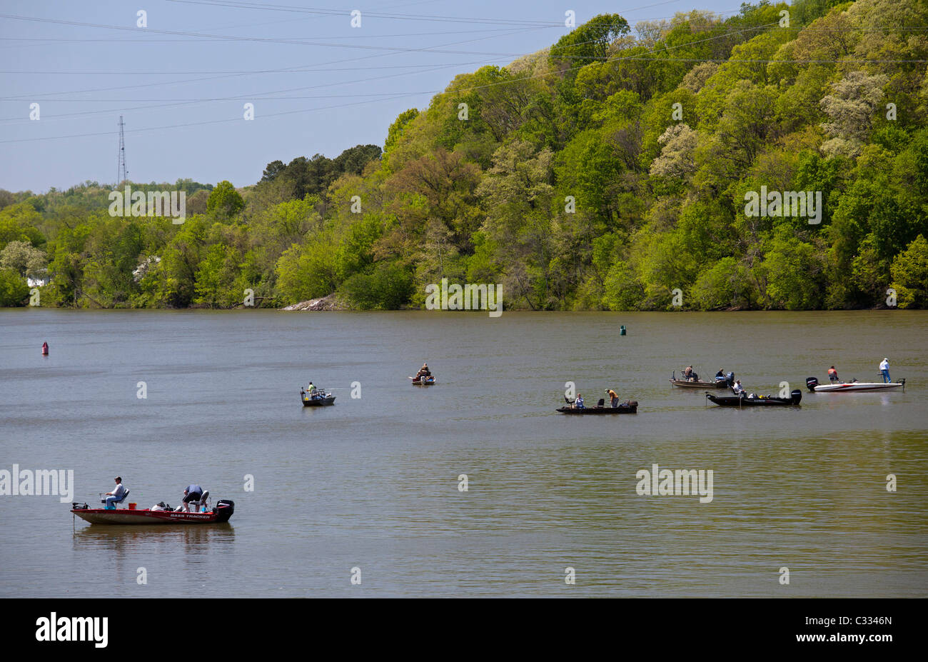 Lenoir City, Tennessee - Fischer auf dem Tennessee River unterhalb die Tennessee Valley Authority Fort Loudoun Dam. Stockfoto