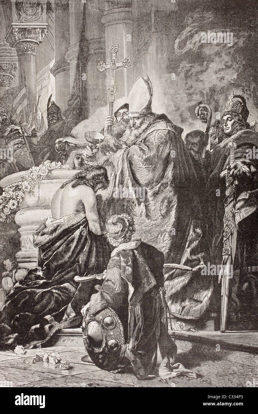 Taufe des Heiligen Stephan i., geb. Vajk, erster König von Ungarn. Nach einer Arbeit von G. Benczur. Stockfoto