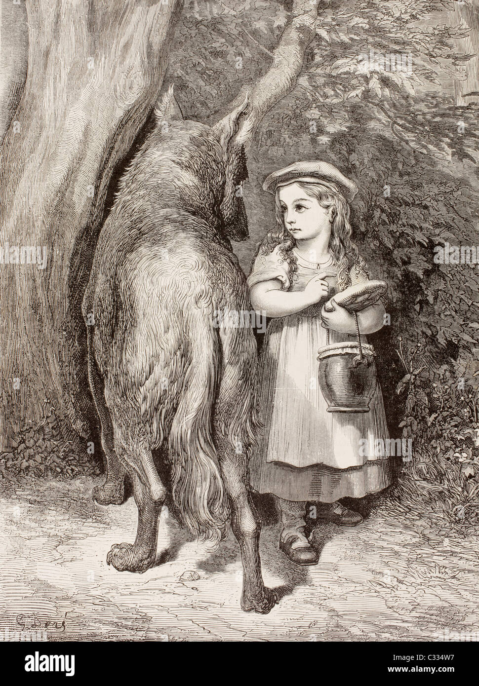 Szene aus Little Red Riding Hood von Charles Perrault. Little Red Riding Hood trifft den Wolf im Wald Stockfoto