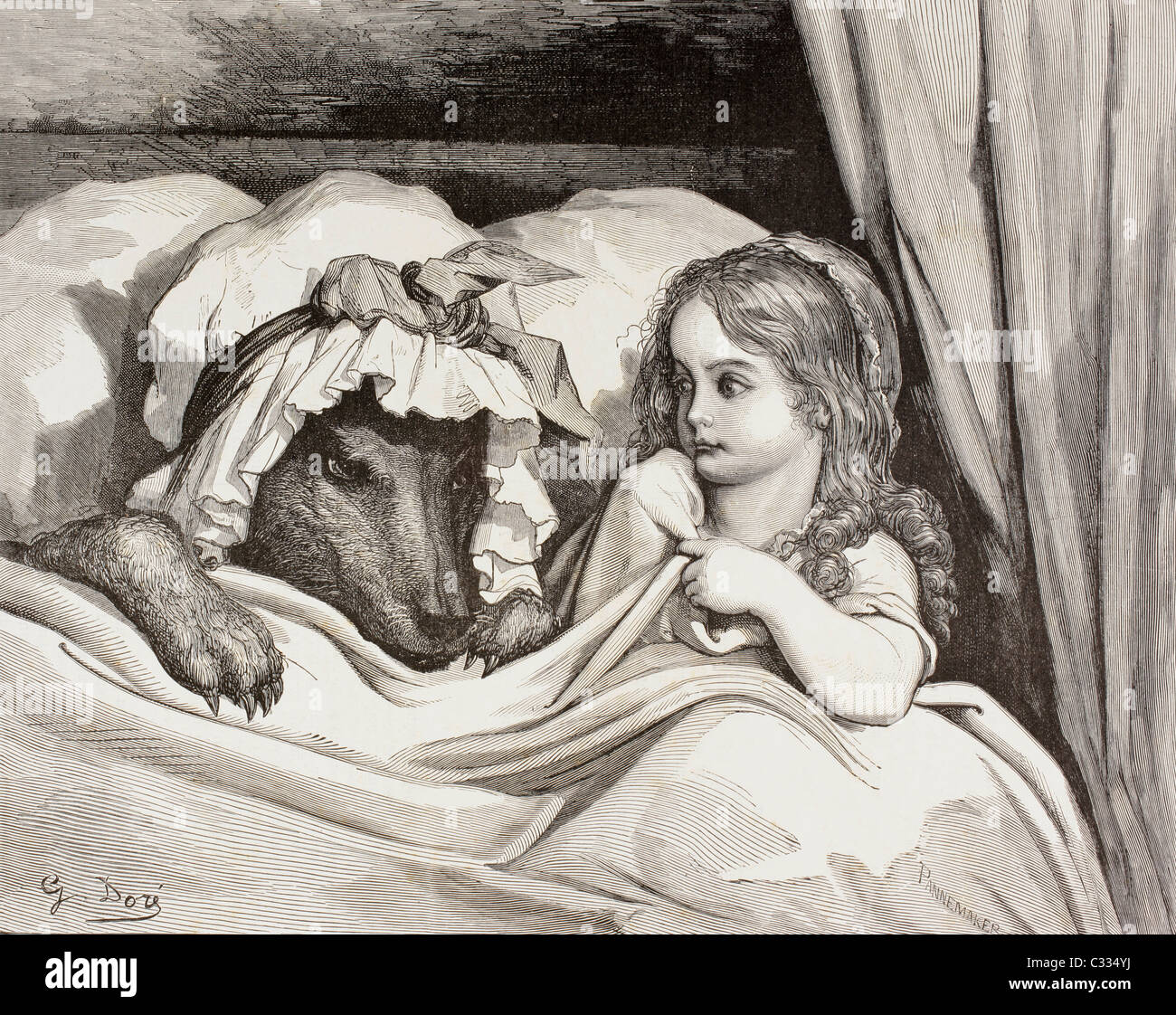 Szene aus Little Red Riding Hood von Charles Perrault. Little Red Riding Hood im Bett mit dem Wolf Stockfoto