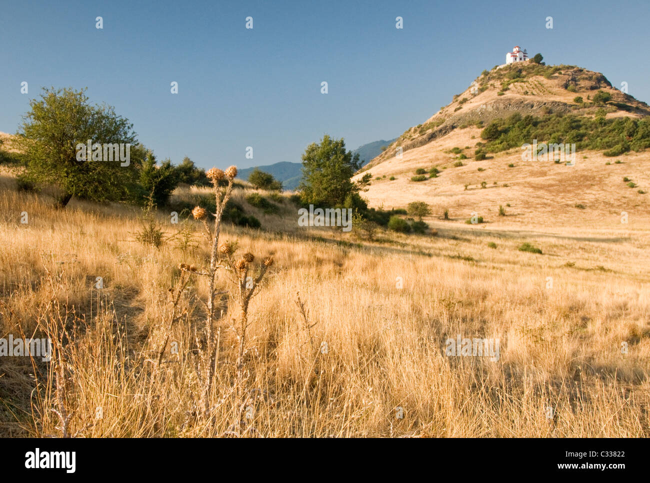 Idyllische traditionelle griechische Kirche auf Hügel in der Nähe von Trigona, Trigona, Ebene von Thessalien, Griechenland, Europa Stockfoto