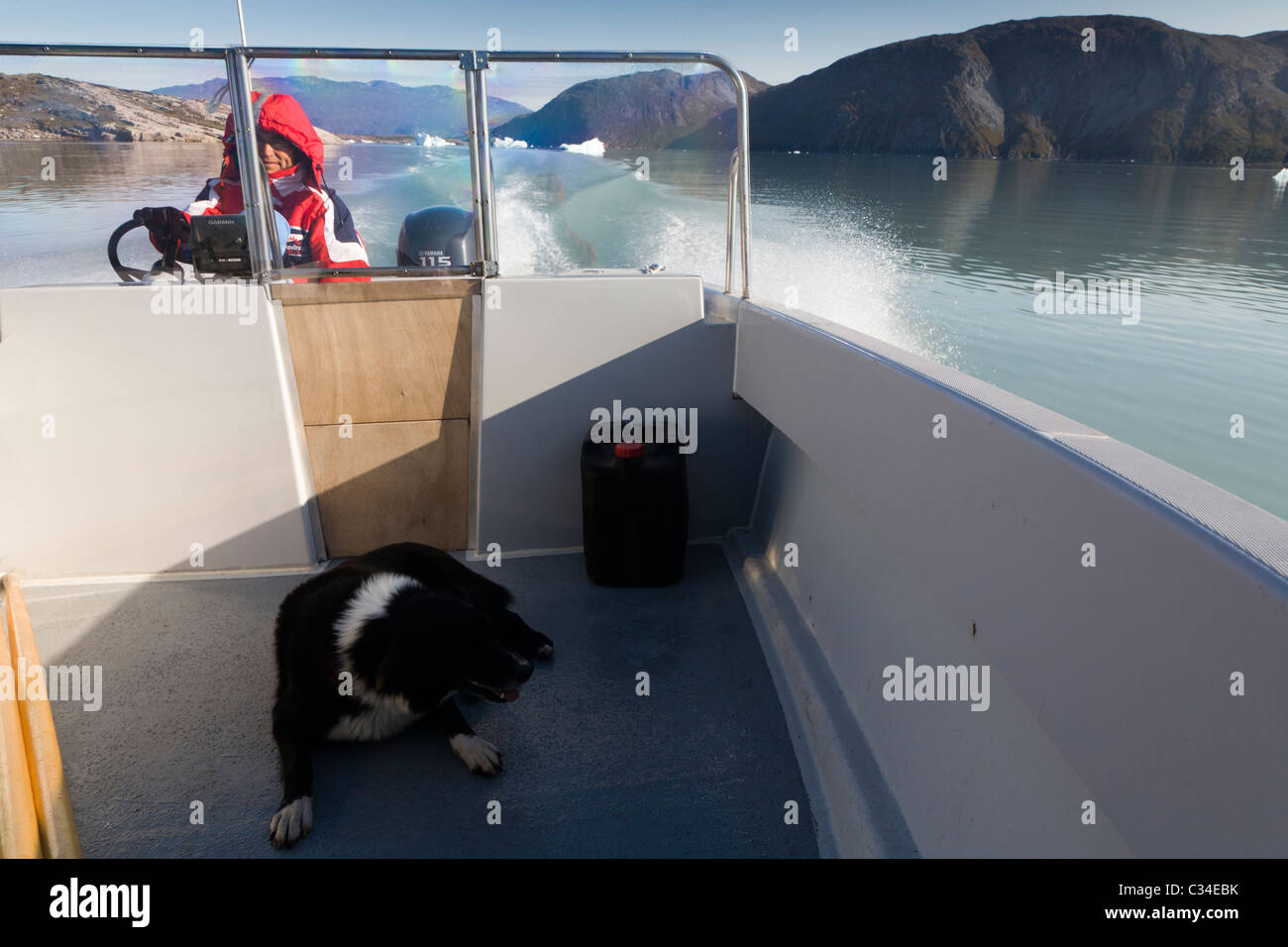 Mann auf seinem Boot mit seinem Hund, Süd-Grönland Stockfoto