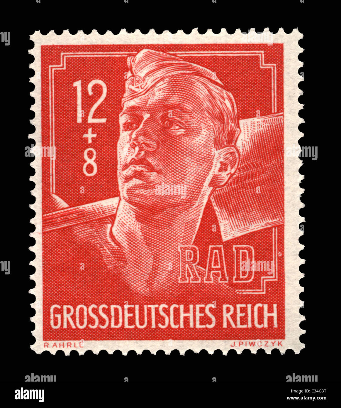Eine WW11 Deutsche Briefmarke zeigt einen RAD Arbeit Arbeiter mit Schaufel Stockfoto