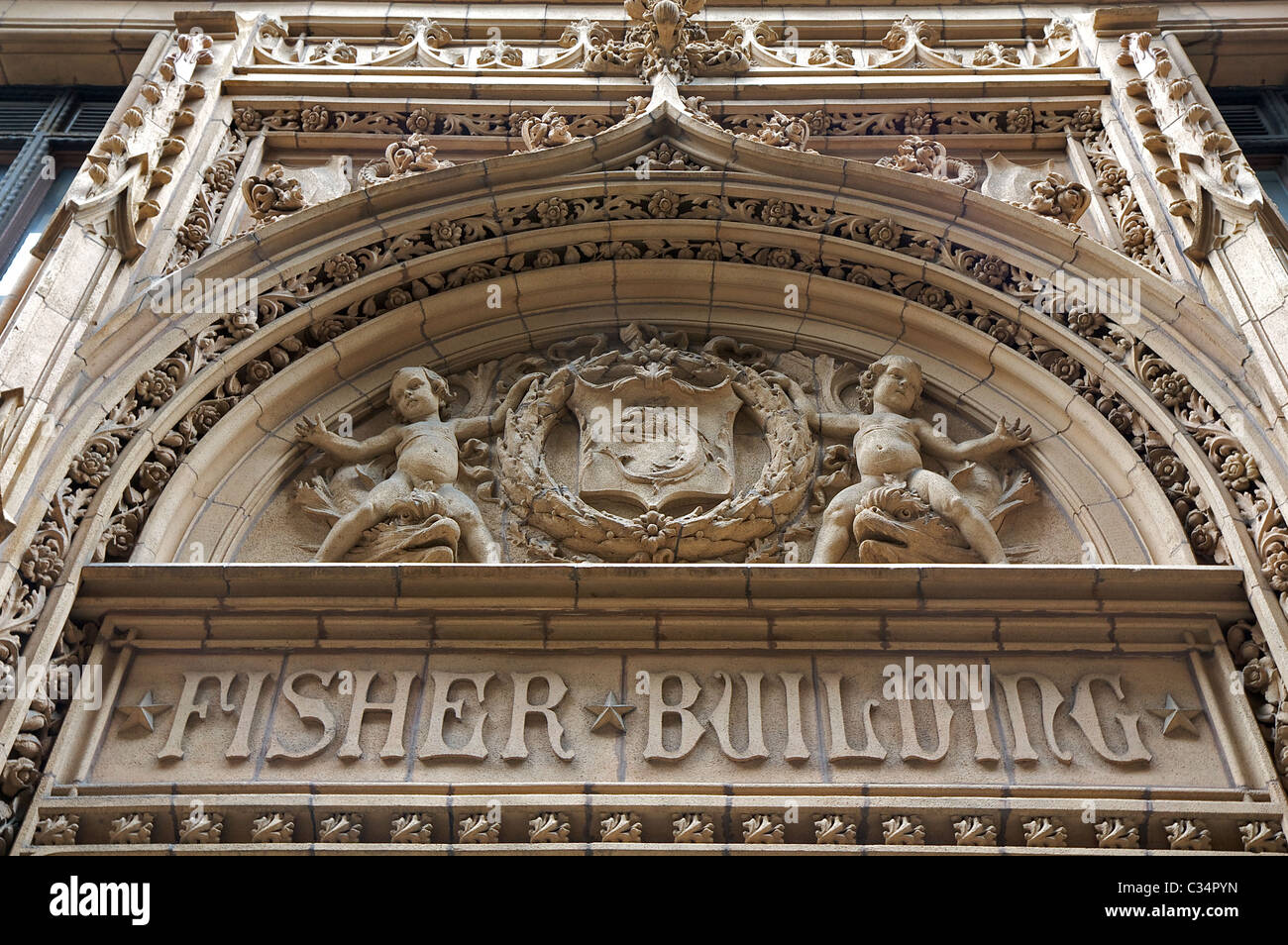 Detail durchdachte dekorative Arbeit auf Chicagos Fisher Gebäude, entworfen von D.H. Burnham und Unternehmen und die 1906 fertiggestellte Stockfoto
