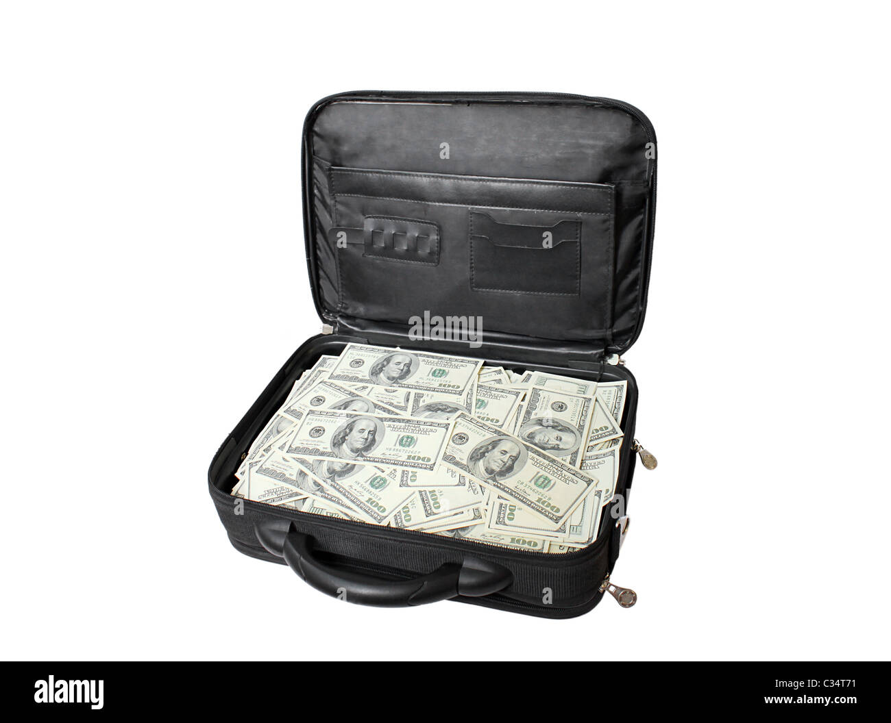 Fall mit Bargeld (100-Dollar-Banknoten) isoliert auf weiss Stockfoto