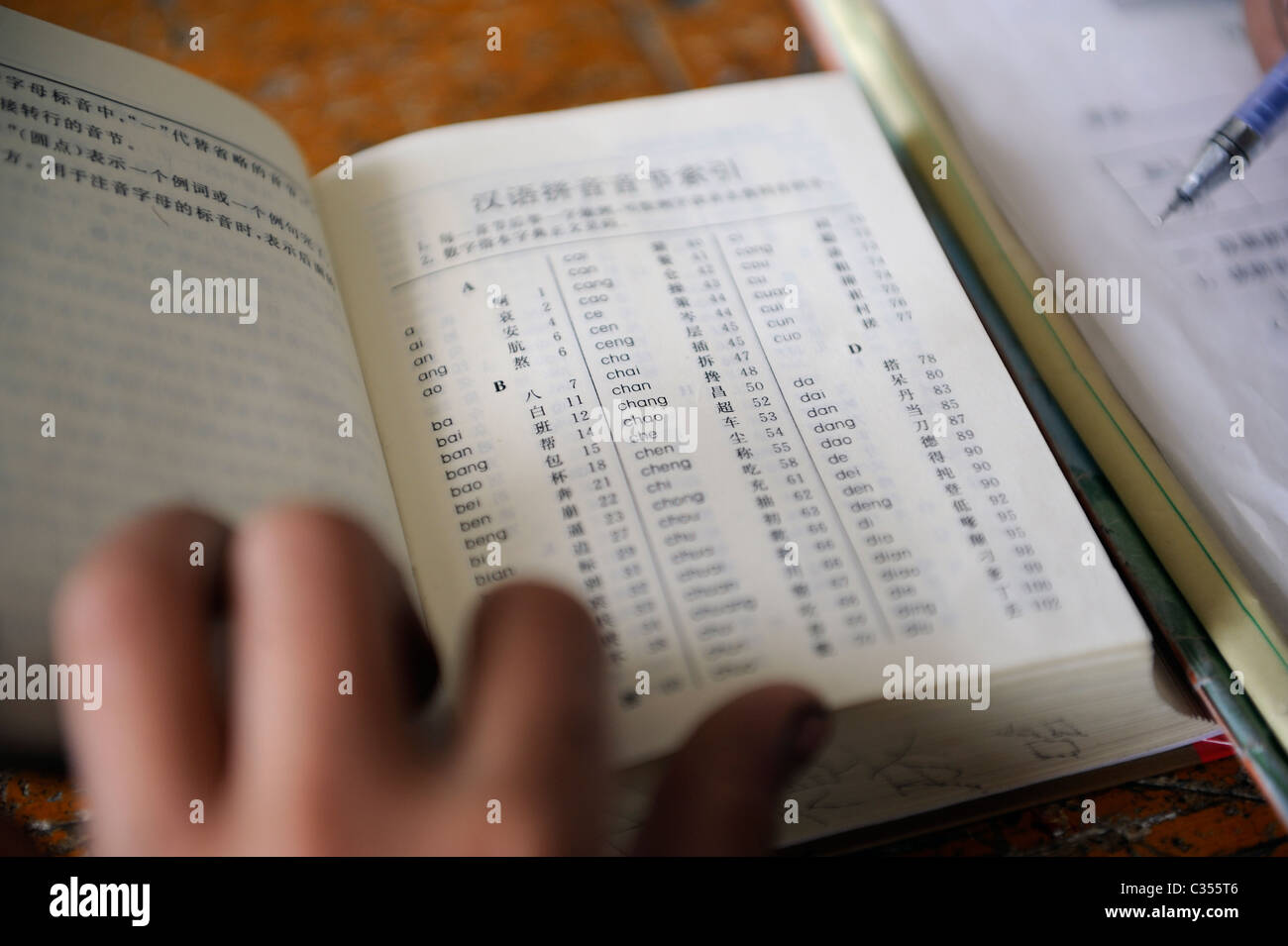 Chinesische Grundschule Schüler unter Verwendung eines Wörterbuchs in remote-Landschaft in Duan County, Guangxi, China. 20. April 2011 Stockfoto