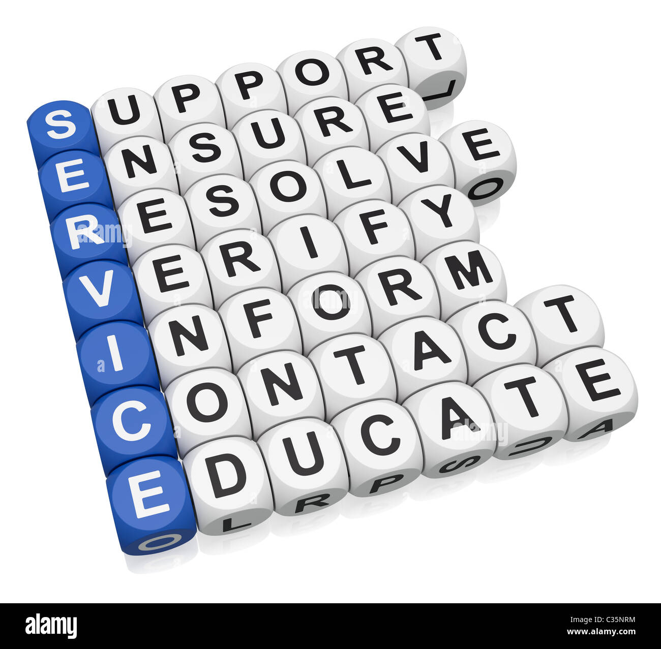 Qualität-Service-Aktivitäten-Kreuzworträtsel auf weißem Hintergrund Stockfoto