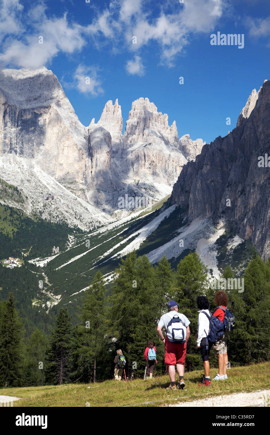 Rosengarten Berg- und Torri del Vajolet, Fassa Tal, Trentino Alto Adige, Italien, Europa Stockfoto