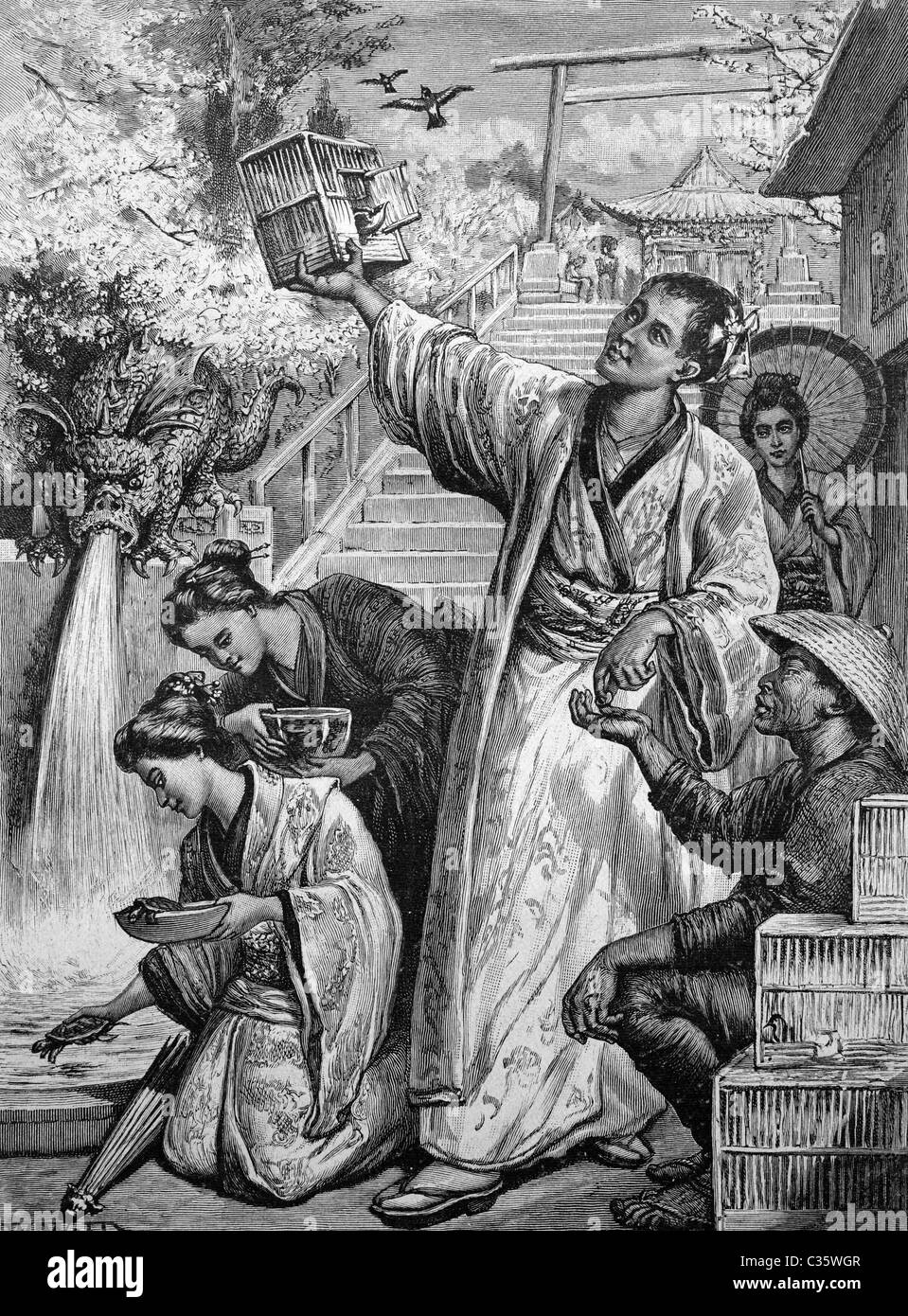 Freilassung von Tieren in Gefangenschaft in Japan, Geschichtsbild, ca. 1893 Stockfoto