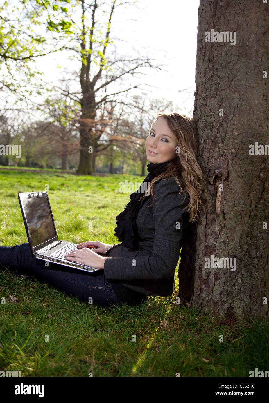 Frau im Park sitzen und arbeiten mit laptop Stockfoto