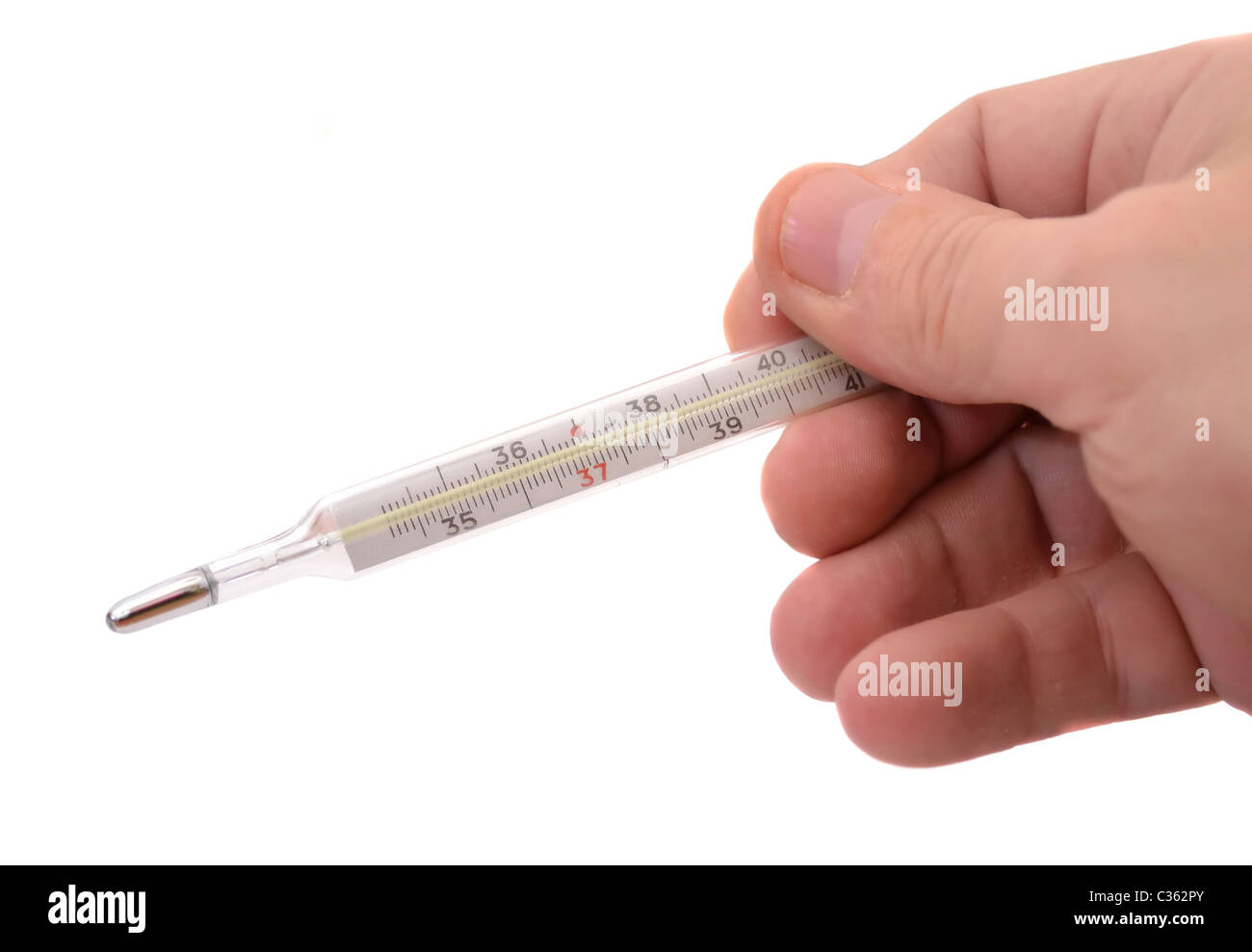 Hand mit Thermometer auf weißem Hintergrund Stockfoto