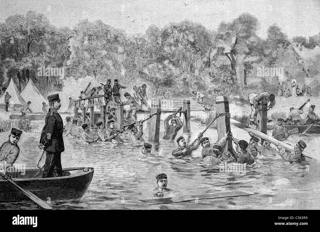 Abriss einer Holzbrücke von Pioneer Wachbataillon, historische Abbildung ca. 1893 Stockfoto