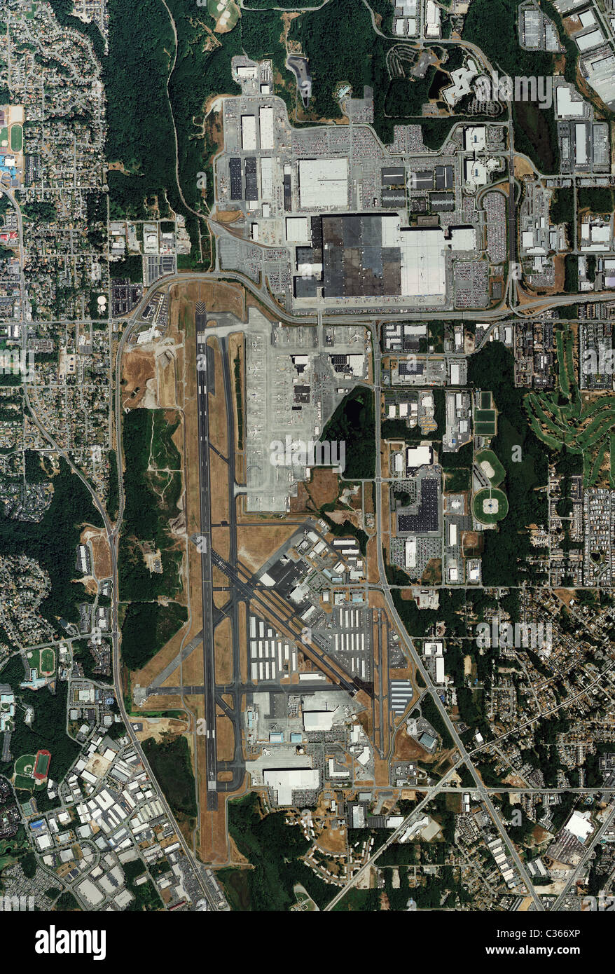 Luftbildkarte Ansicht Boeing Everett Fabrik und Paine Field Flughafen Stockfoto