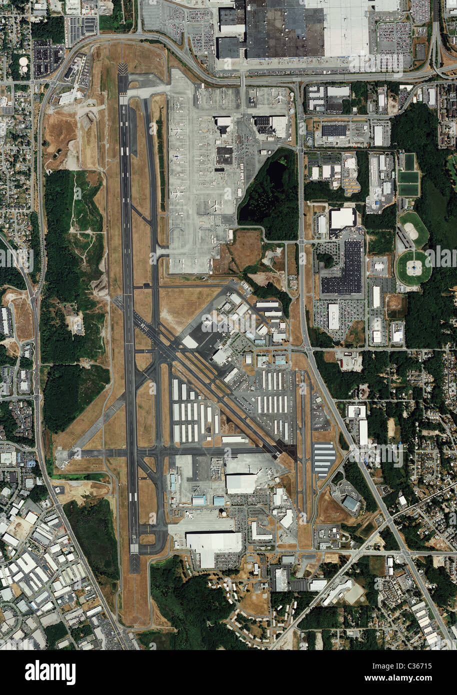 Luftbildkarte Draufsicht nach Hause zu Boeing Everett Fabrik Paine Field Snohomish County Flughafen Stockfoto