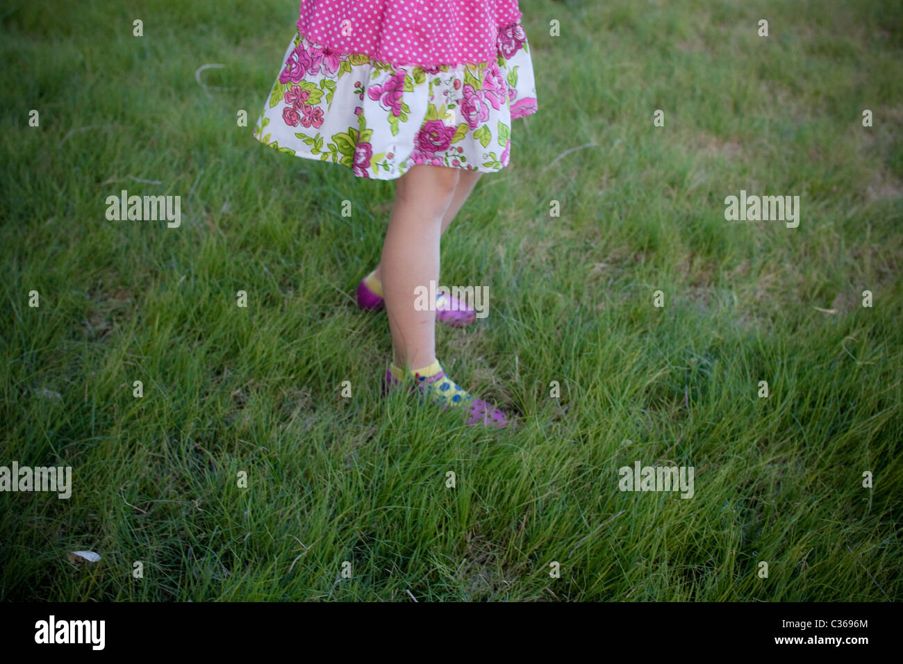 Unterschenkel Mädchen stand in grünen Rasen trägt einen floralen print Rock Stockfoto