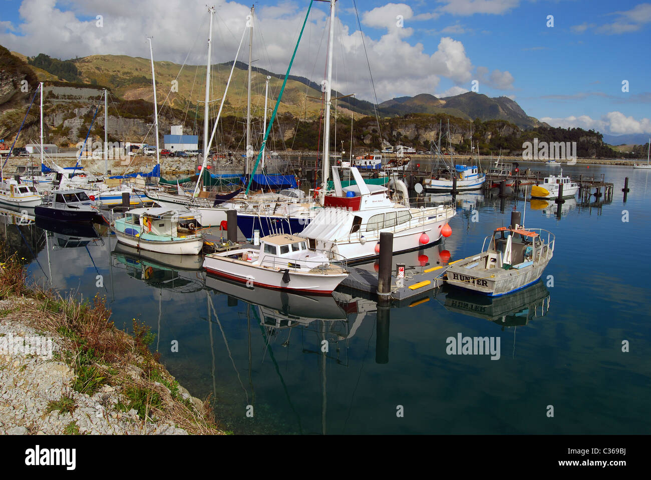 Boote vertäut, Südinsel Marina, Nelson, Marlborough Sounds, Südinsel, Neuseeland Stockfoto