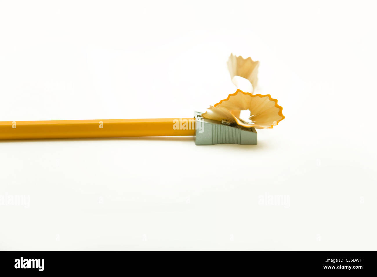 Nahaufnahme der gelbe Bleistift geschärft durch Spitzer Stockfoto