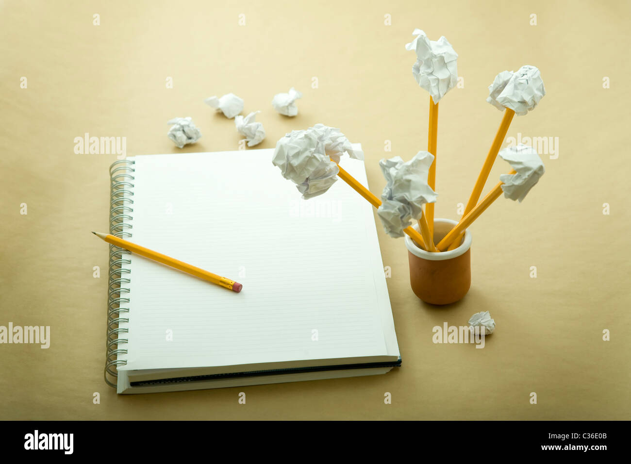 Flower zerknittertes Papier, Notizbuch und Bleistift gemacht Stockfoto