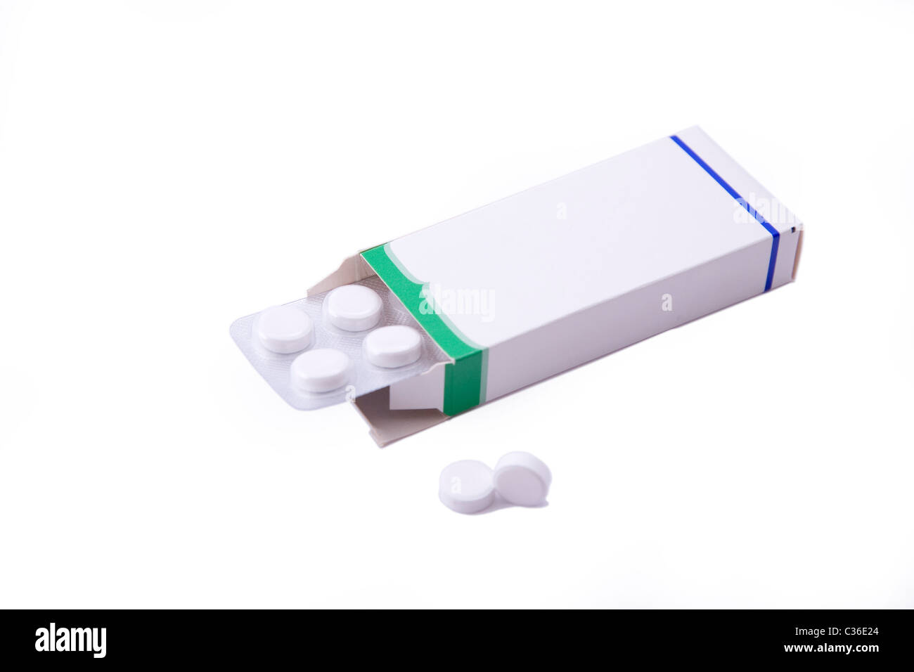Bild eine Pillen Blister raus Form der Box auf weißem Hintergrund Stockfoto