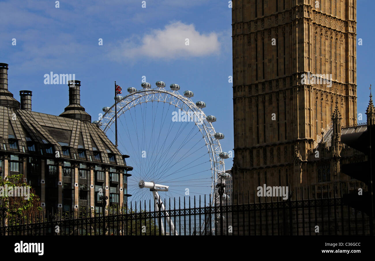 London Eye, Big Ben und Portcullis House, Westminster, London, England Stockfoto