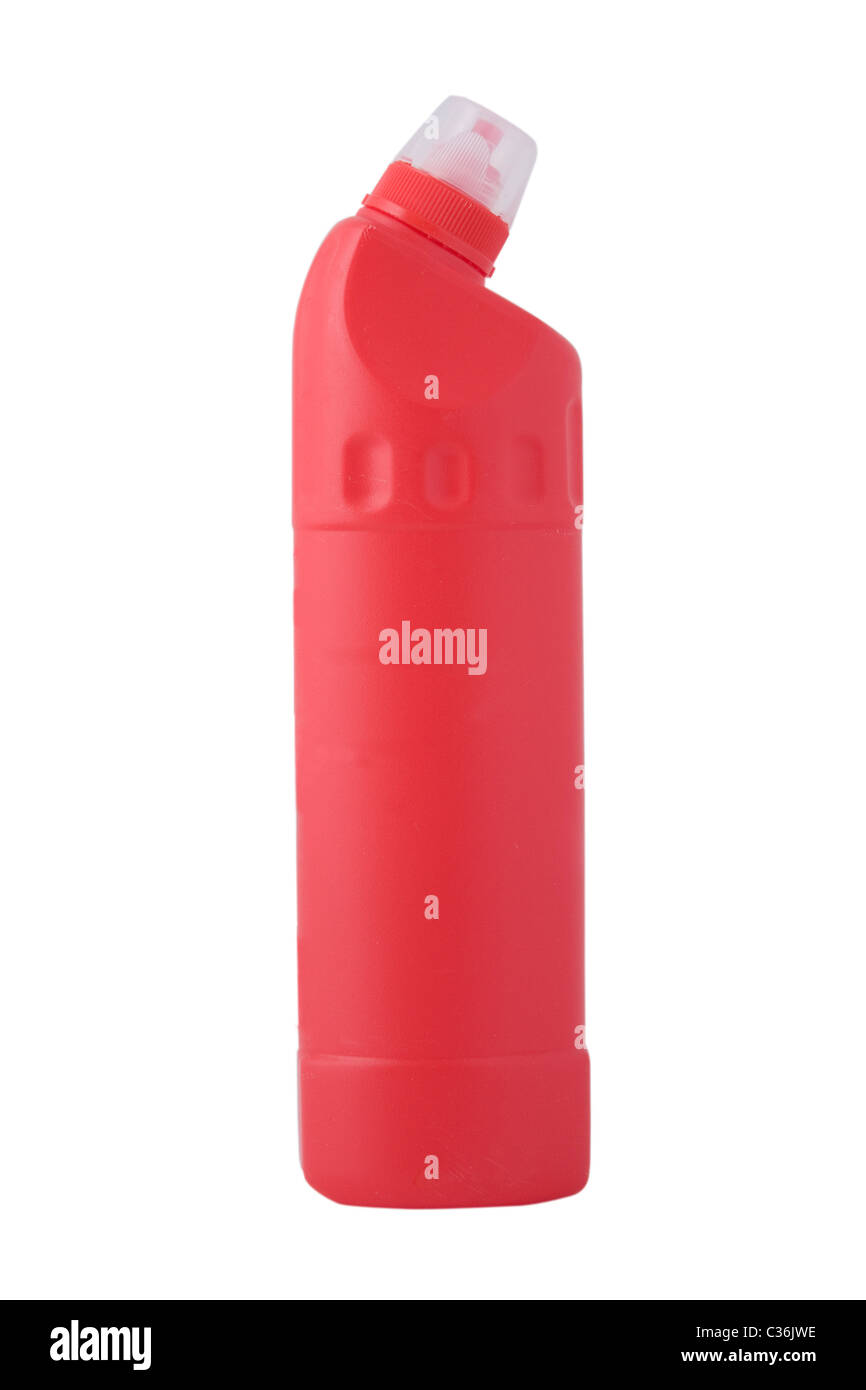 rote Flasche Reinigungsmittel auf weißem Hintergrund Stockfoto