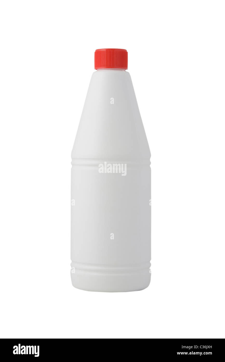 weiße Flasche Reinigungsmittel auf weißem Hintergrund Stockfoto