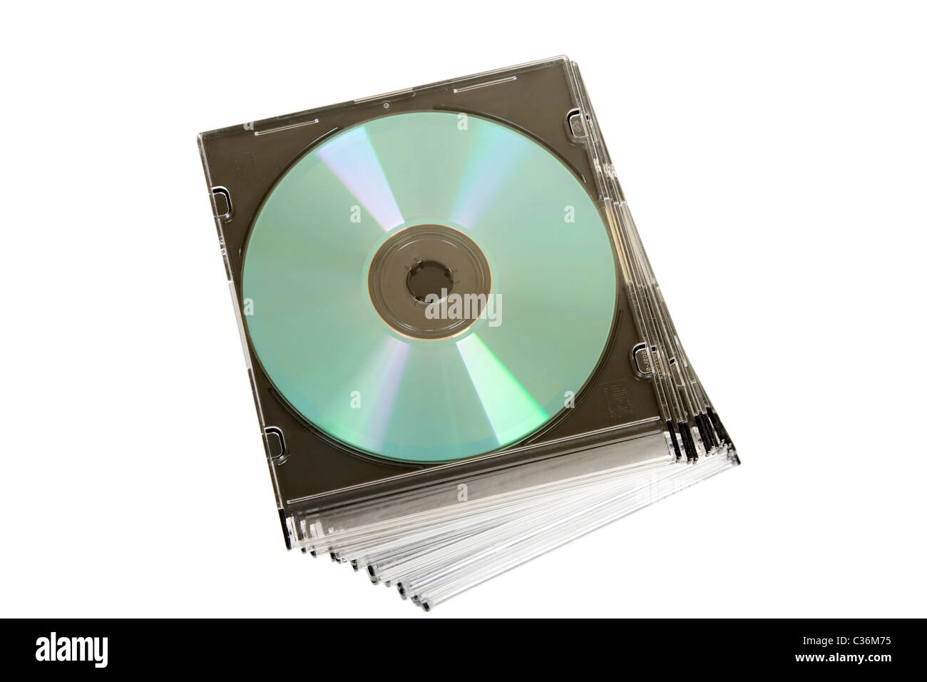 CD dvd aufgestapelt auf weißem Hintergrund Stockfoto