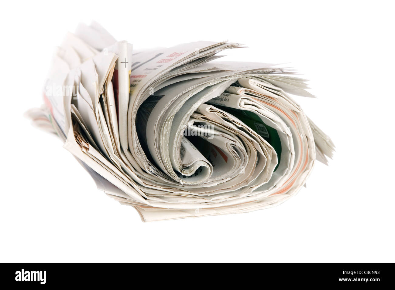 Rolle der Zeitungen, isoliert auf weißem Hintergrund Stockfoto