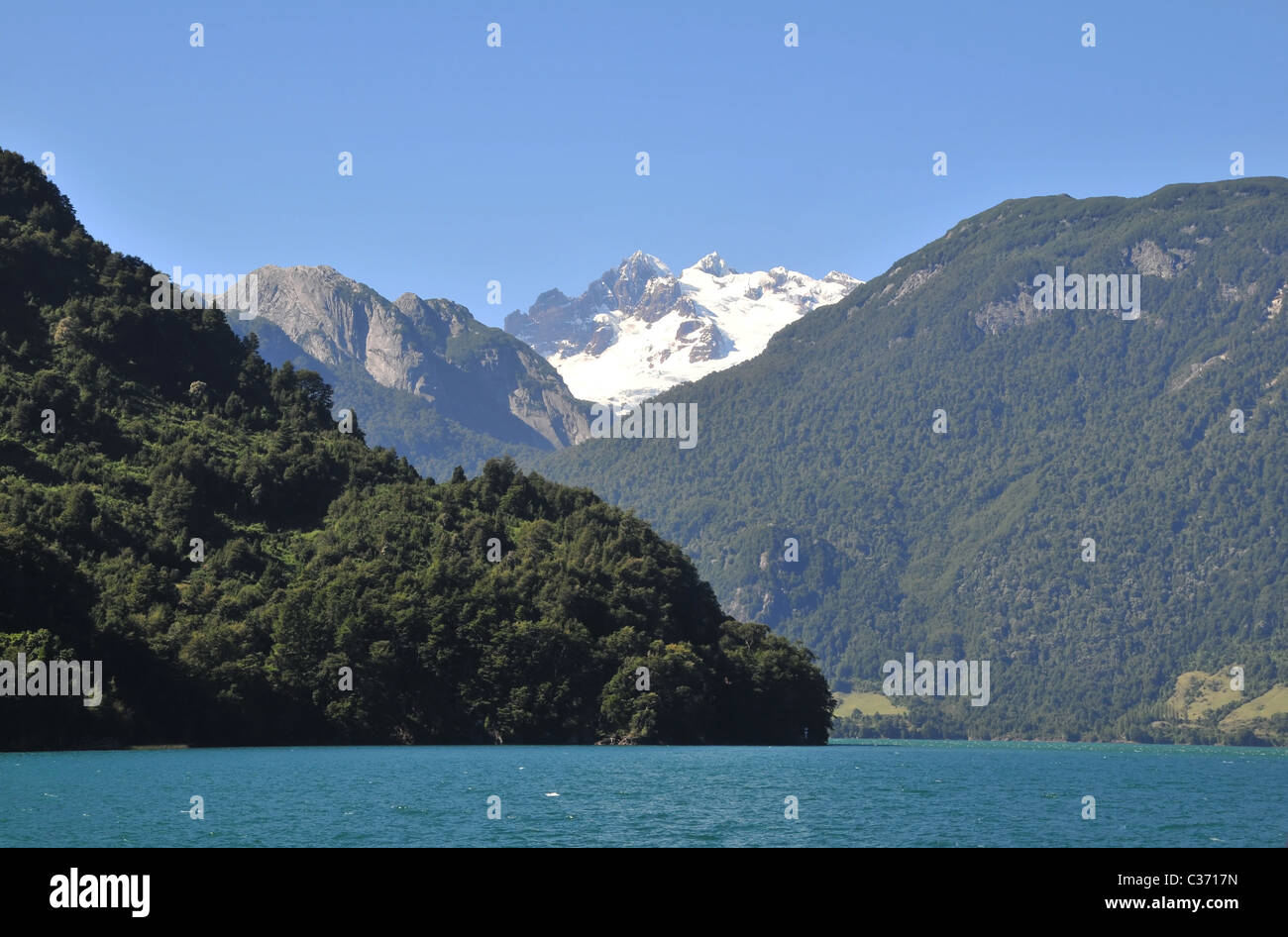 Blauer Himmel und Draufsicht des Volcan Tronador, Anden-Gebirge mit gemäßigten Regenwald-Bäume, aus See Todos Los Santos, Chile Stockfoto