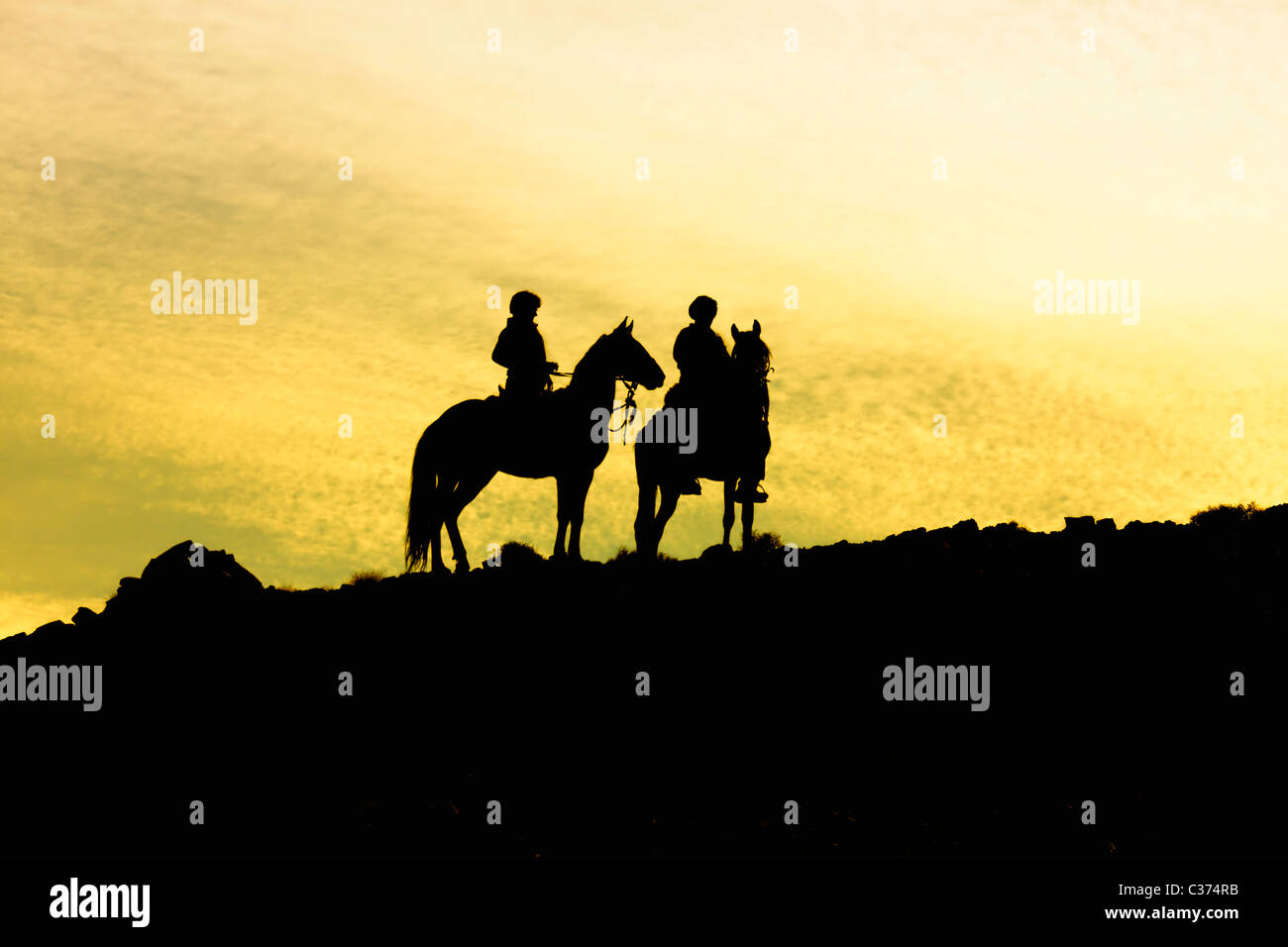 Silhouette der beiden Pferde mit Reitern Stockfoto