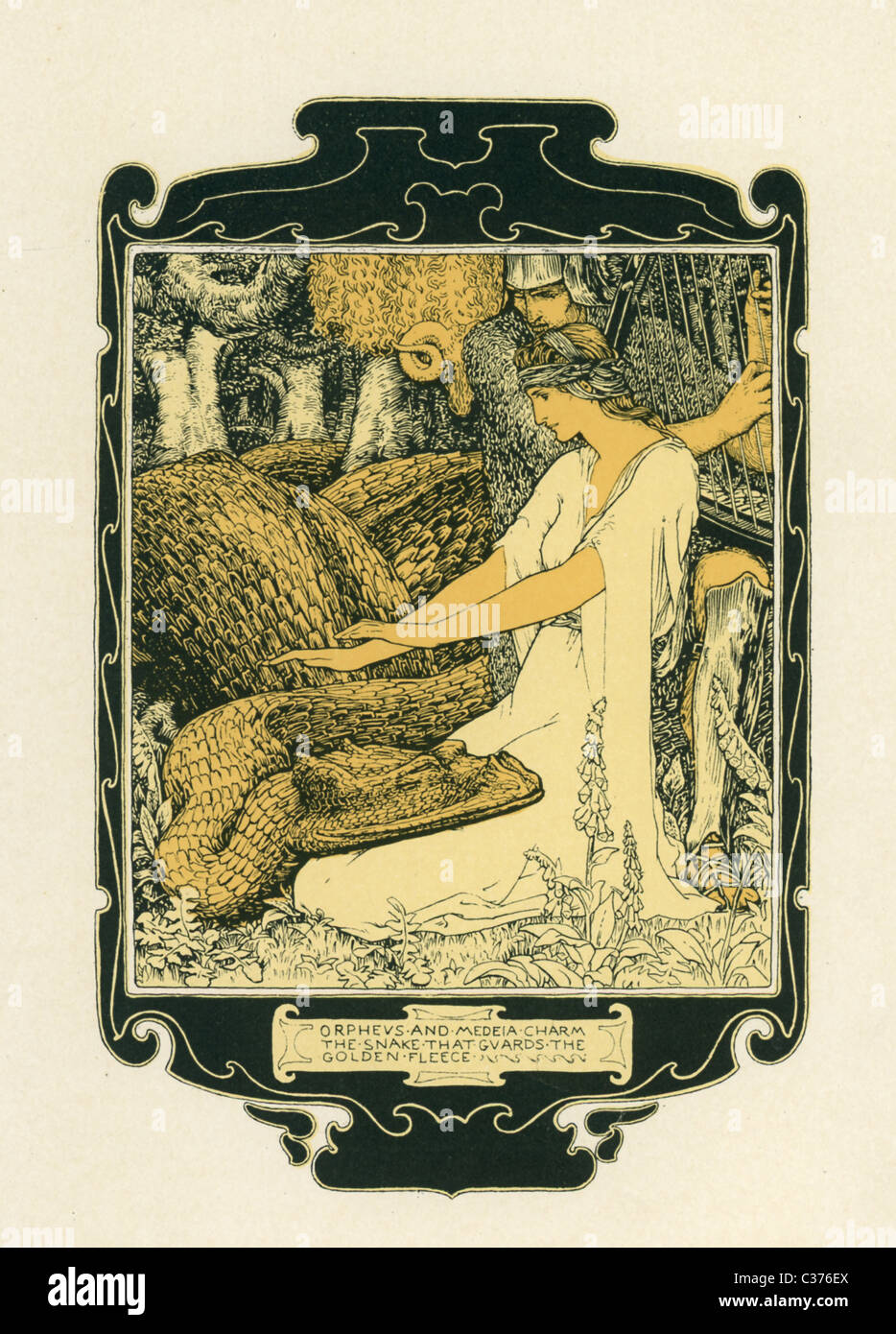 Medea, die Tochter von König Aeetes und Orpheus spielt seine Leier als zwei Charme der Drache, der das goldene Vlies schützt. Stockfoto