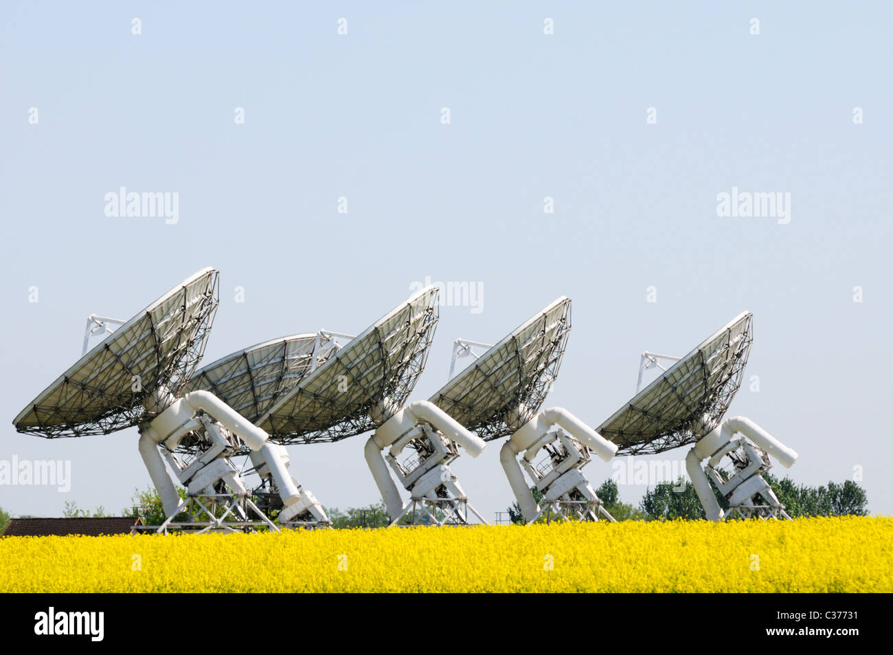 Radioteleskope am Mullard Radio Astromomy Sternwarte, Herrn Brücke, Barton, Cambridgeshire, England, UK Stockfoto