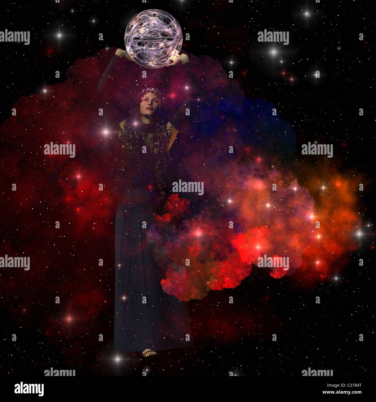 Adora, Göttin des Himmels, breitet sich Sterne, Planeten und Monden im ganzen Universum. Stockfoto