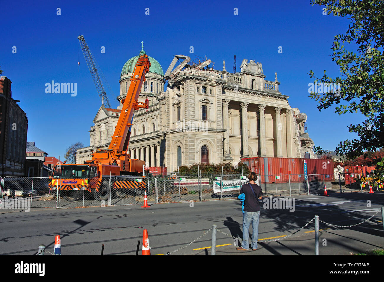 Erdbeben beschädigt Kathedrale des Allerheiligsten, Barbadoes Street, Christchurch, Canterbury, Neuseeland Stockfoto