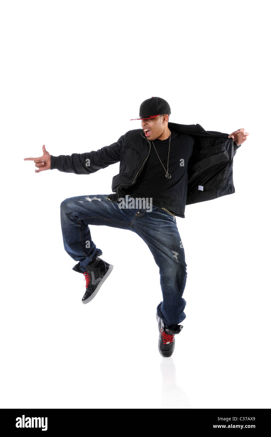 Porträt des afroamerikanischen Hip-Hop-Tänzer isoliert auf weißem Hintergrund Stockfoto