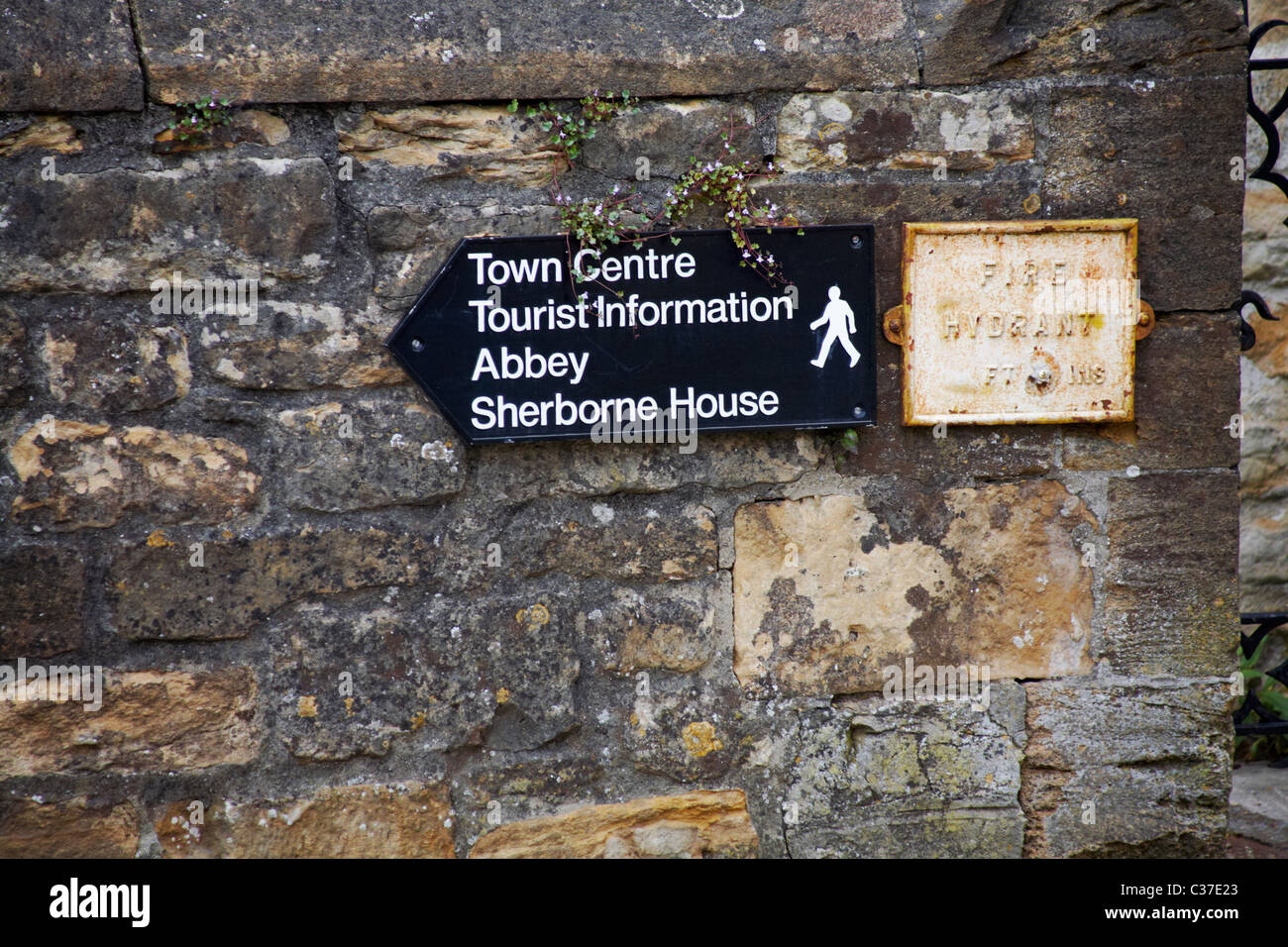 Richtungsschild zum Stadtzentrum, Touristeninformation, Abbey und Sherborne House neben dem Hydranten in Sherborne, Dorset UK im April Stockfoto