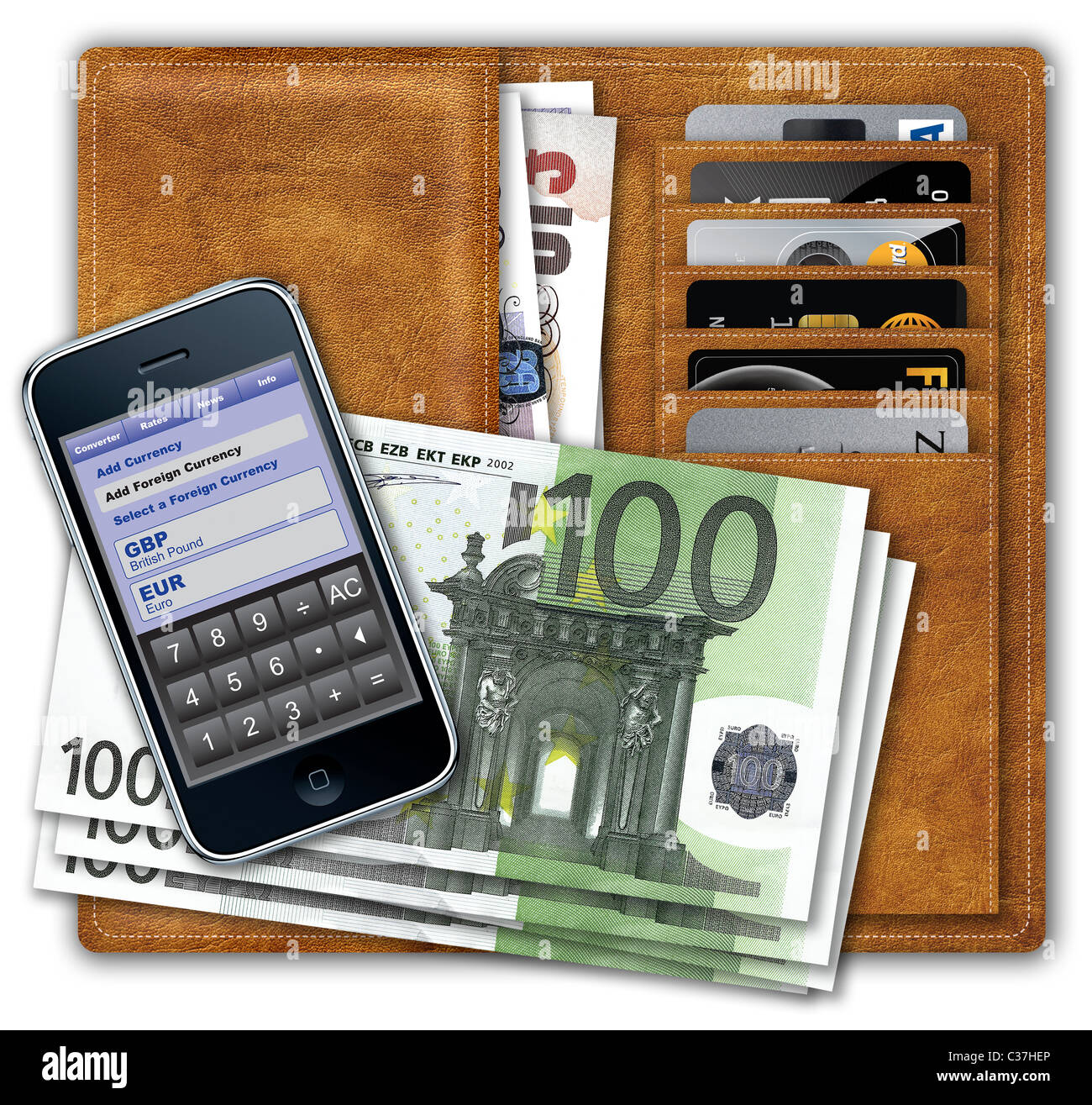 Geldbörse mit Pfund Sterling und Kreditkarten mit Euro und iPhone zeigt Währung Konvertierung Anwendung an der Spitze. Stockfoto