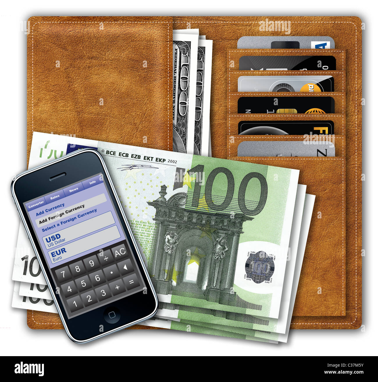 Geldbörse mit US-Dollar und Kreditkarten mit Euro und iPhone zeigt Währung Konvertierung Anwendung an der Spitze. Stockfoto