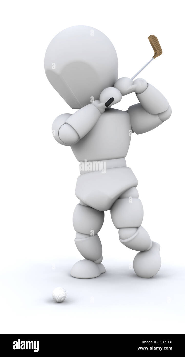 3D Mann Golfen isoliert auf weiß Stockfoto