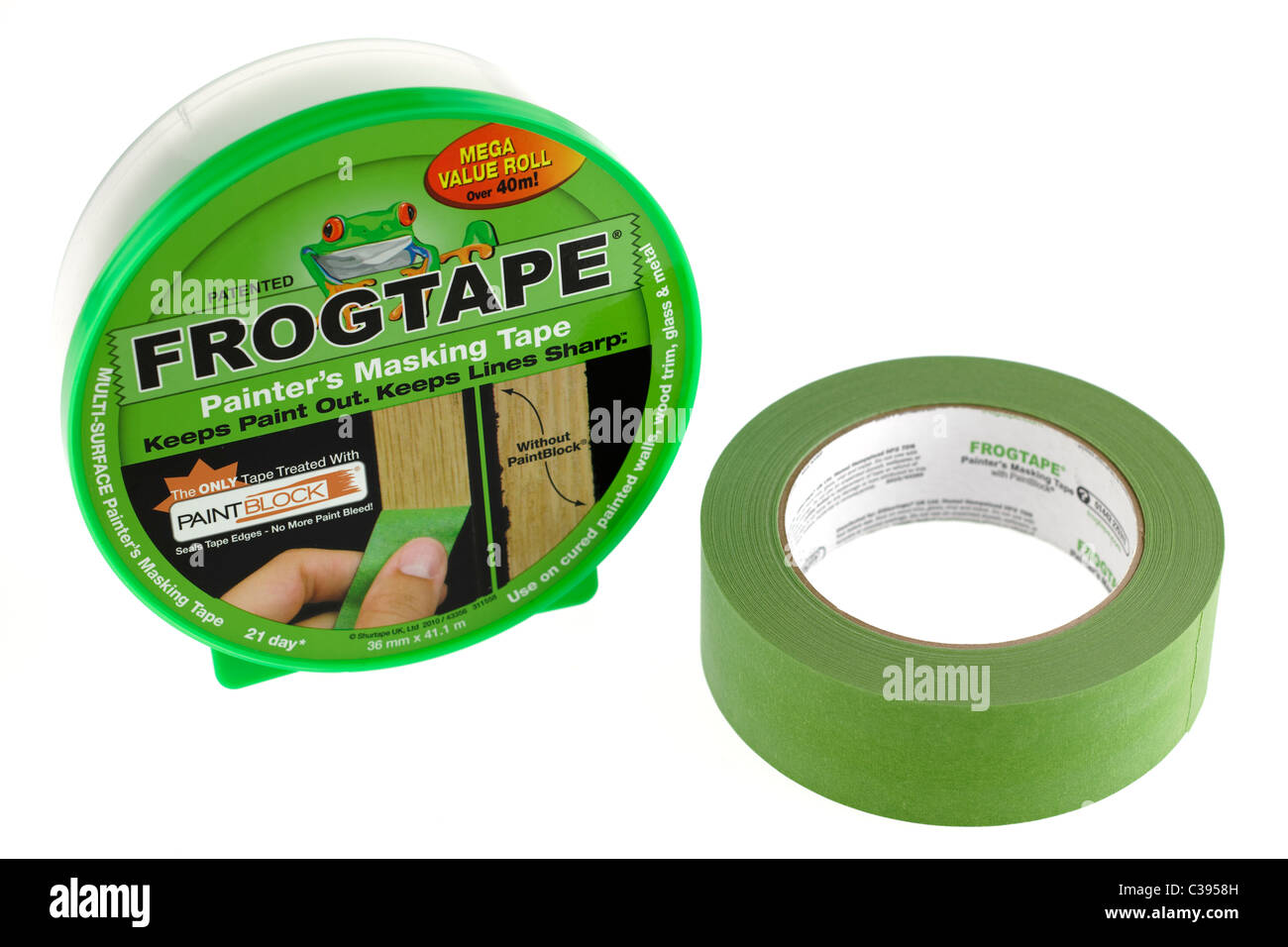 Green roll Frogtape Maler Klebeband mit Kunststoffbehälter Stockfoto