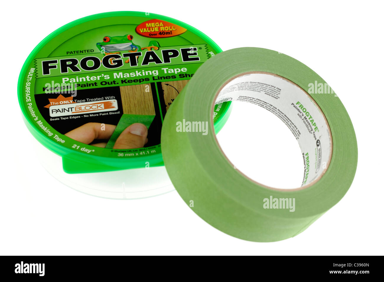 Green roll Frogtape Maler Klebeband mit Kunststoffbehälter Stockfoto