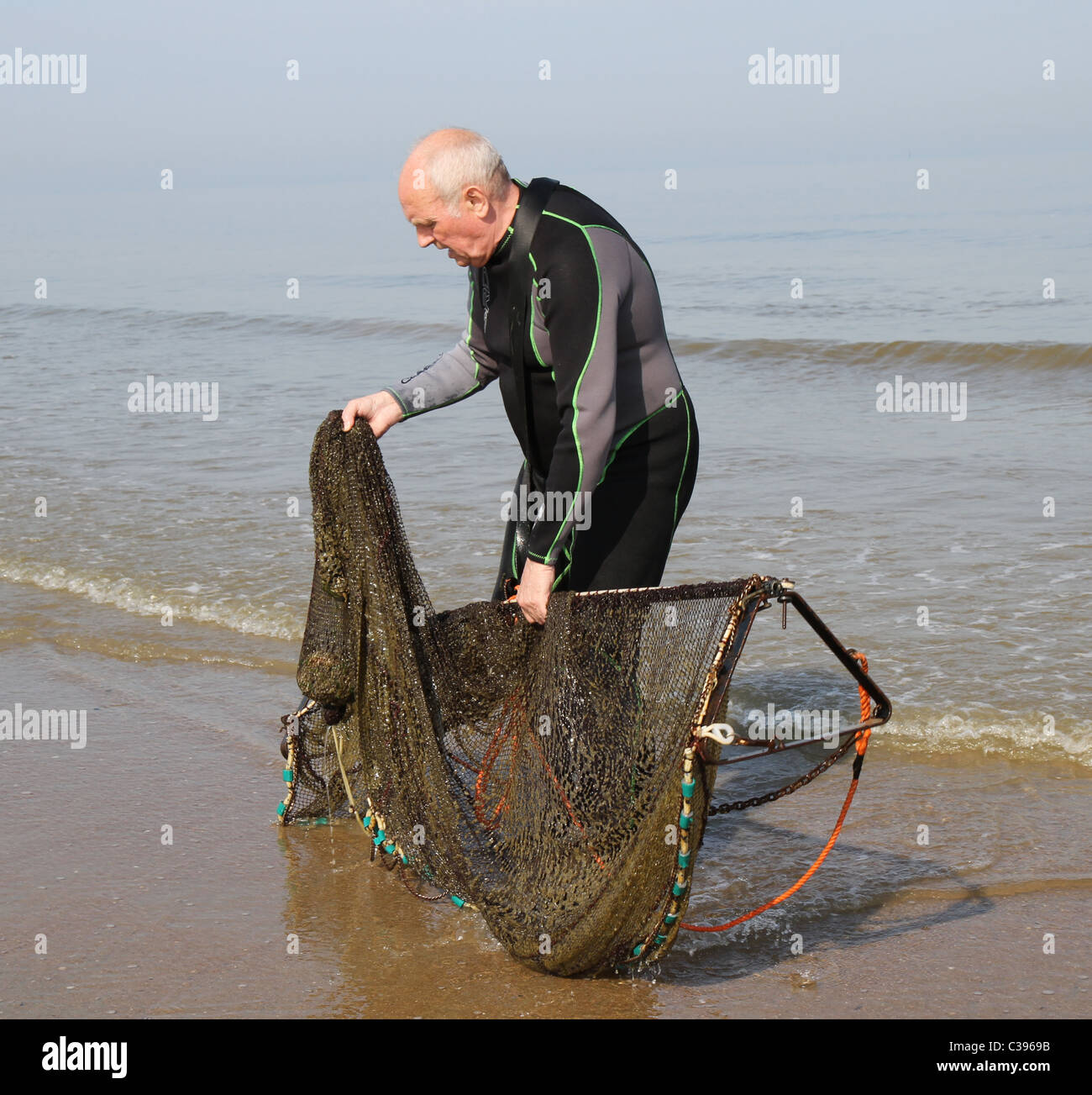 Ein Fischer fangen Garnelen in der Nordsee auf die altmodische Weise. Stockfoto