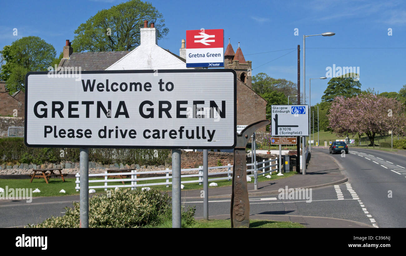 Willkommen in Gretna Green Road Sign, Dumfries and Galloway, Schottland, Großbritannien Stockfoto