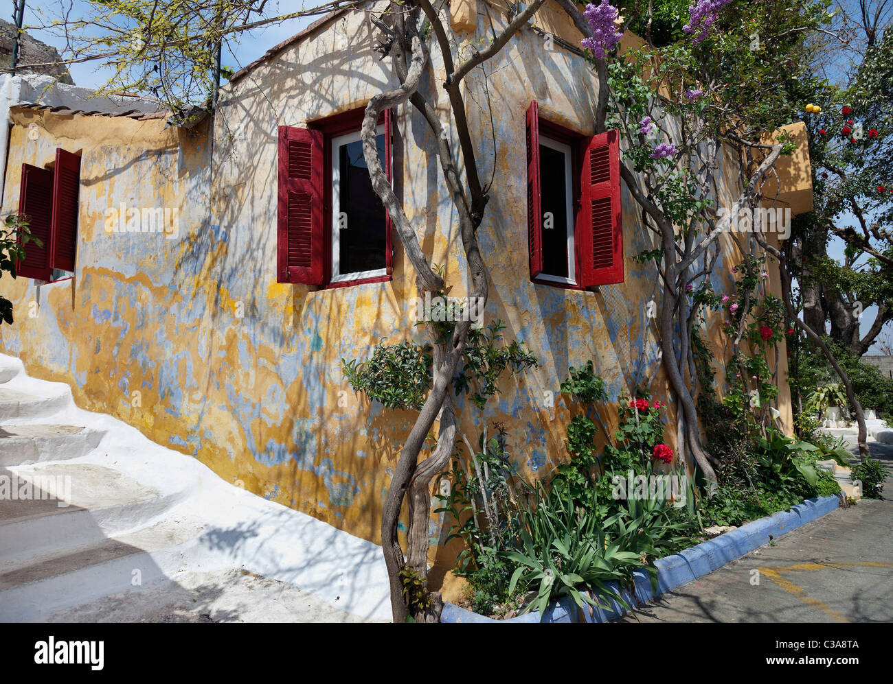 Plaka Viertel von Athen - Häuschen. Stadtteil Anafiotika, gebaut von Siedlern aus der ägäischen Insel Anafi in Stockfoto