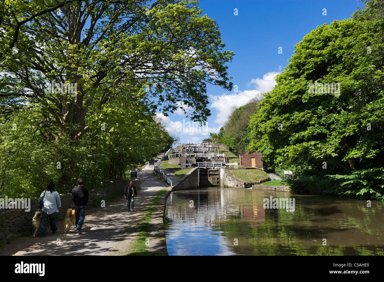 Fünf erheben Schlösser sich auf Leeds und Liverpool Canal, Bingley, West Yorkshire, Großbritannien Stockfoto
