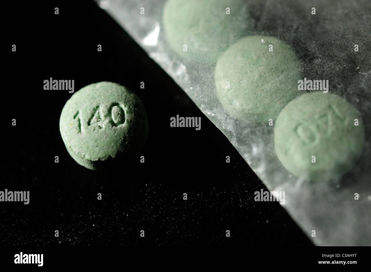 Nahaufnahme von "Ecstasy" Tabletten. Stockfoto