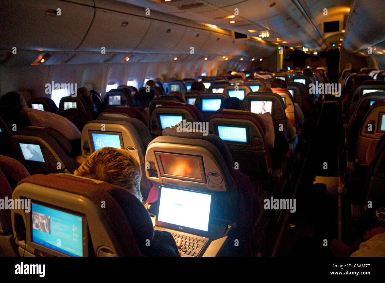 Innenraum einer Boeing 767 Flugzeuge Trainer Klasse Kabine. Stockfoto
